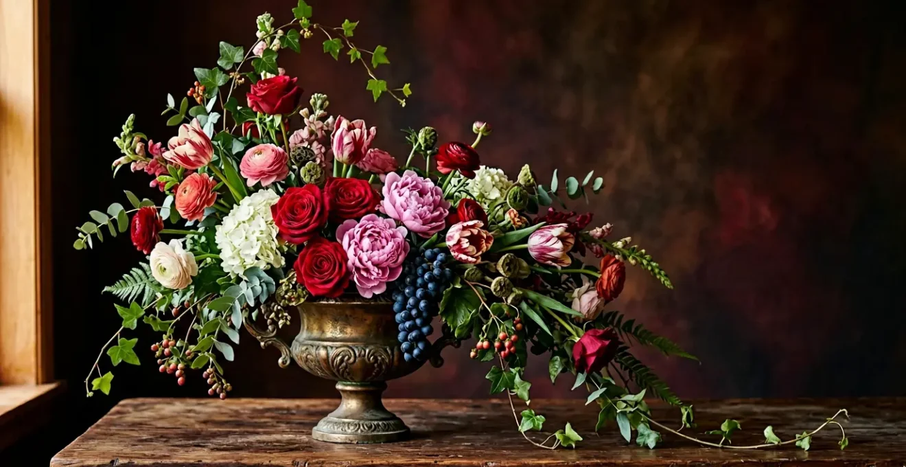 Opulent floral arrangement showcasing dramatic baroque asymmetry and flemish painterly richness