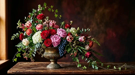 Opulent floral arrangement showcasing dramatic baroque asymmetry and flemish painterly richness