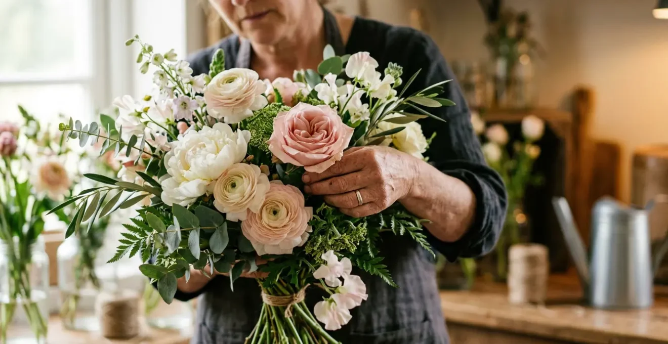 Close-up of skilled florist hands carefully arranging fresh garden roses and delicate blooms in a bespoke bouquet with soft natural lighting