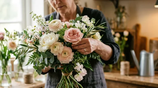 Close-up of skilled florist hands carefully arranging fresh garden roses and delicate blooms in a bespoke bouquet with soft natural lighting