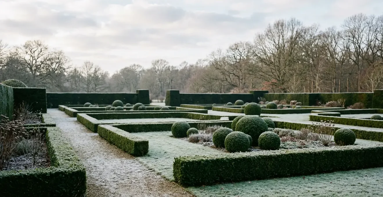 Dense evergreen boxwood shrubs creating crisp geometric forms in a winter garden landscape