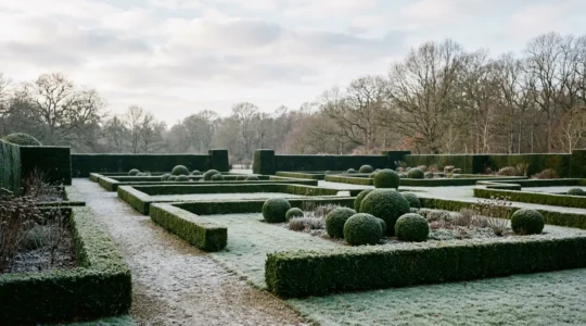 Dense evergreen boxwood shrubs creating crisp geometric forms in a winter garden landscape