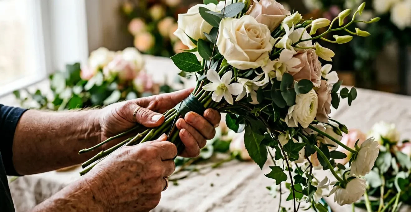 Close-up of hands expertly wiring delicate flowers for a cascade wedding bouquet, showcasing professional floral technique