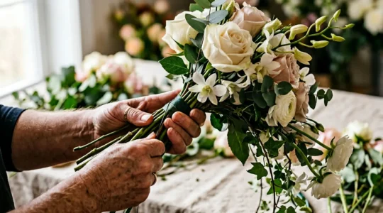 Close-up of hands expertly wiring delicate flowers for a cascade wedding bouquet, showcasing professional floral technique