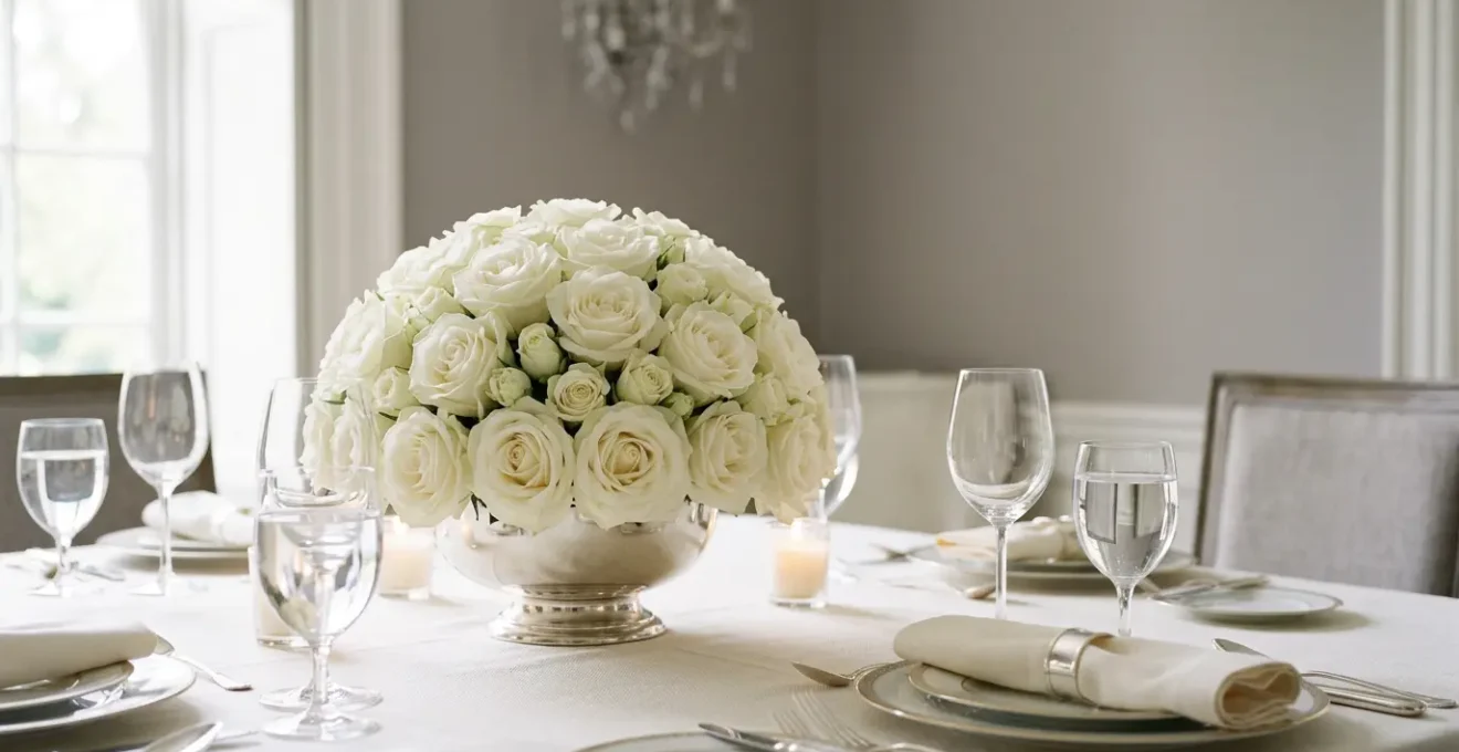 Elegant white rose dome centerpiece on formal dining table with candlelight