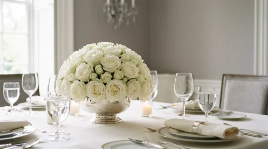 Elegant white rose dome centerpiece on formal dining table with candlelight