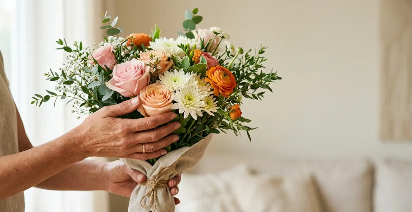 Close-up of hands gently holding a mixed bouquet of fresh flowers with soft natural lighting and emotional depth
