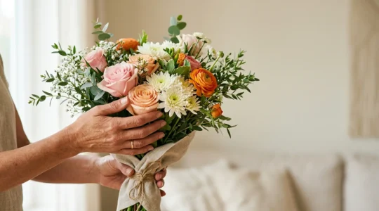 Close-up of hands gently holding a mixed bouquet of fresh flowers with soft natural lighting and emotional depth