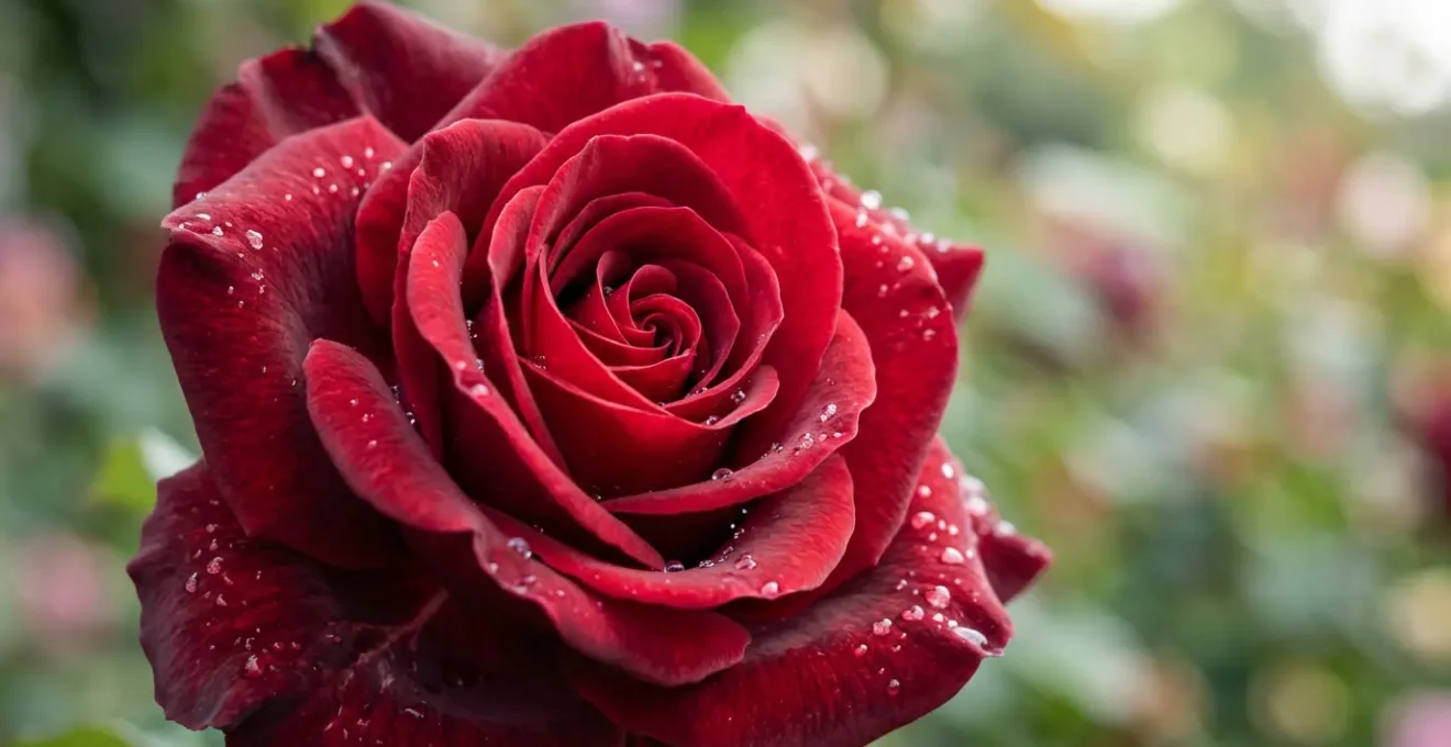Close-up of a deep red rose with velvety petals in soft natural light