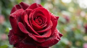 Close-up of a deep red rose with velvety petals in soft natural light