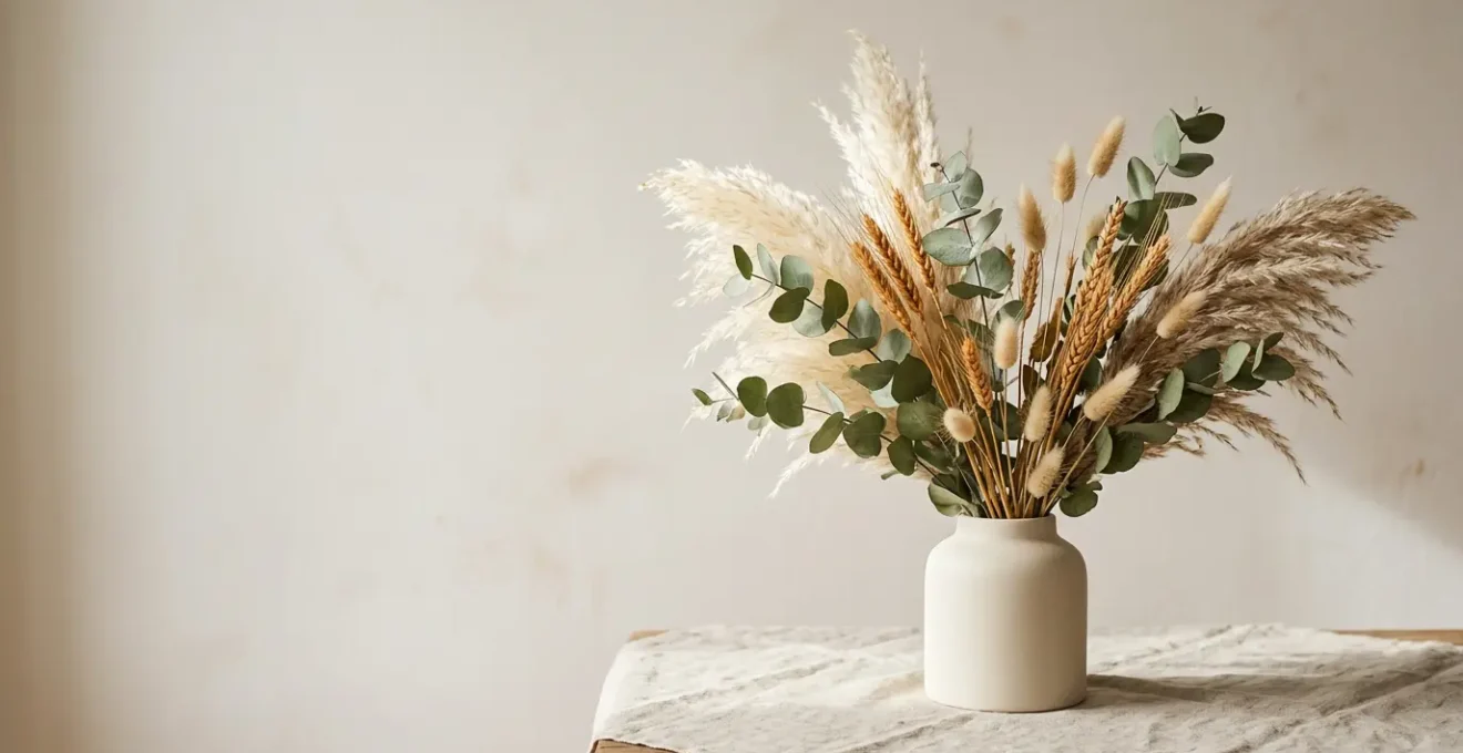 Elegant dried flower arrangement in minimalist vase showcasing natural textures without dusty appearance