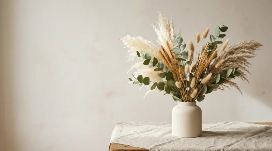 Elegant dried flower arrangement in minimalist vase showcasing natural textures without dusty appearance