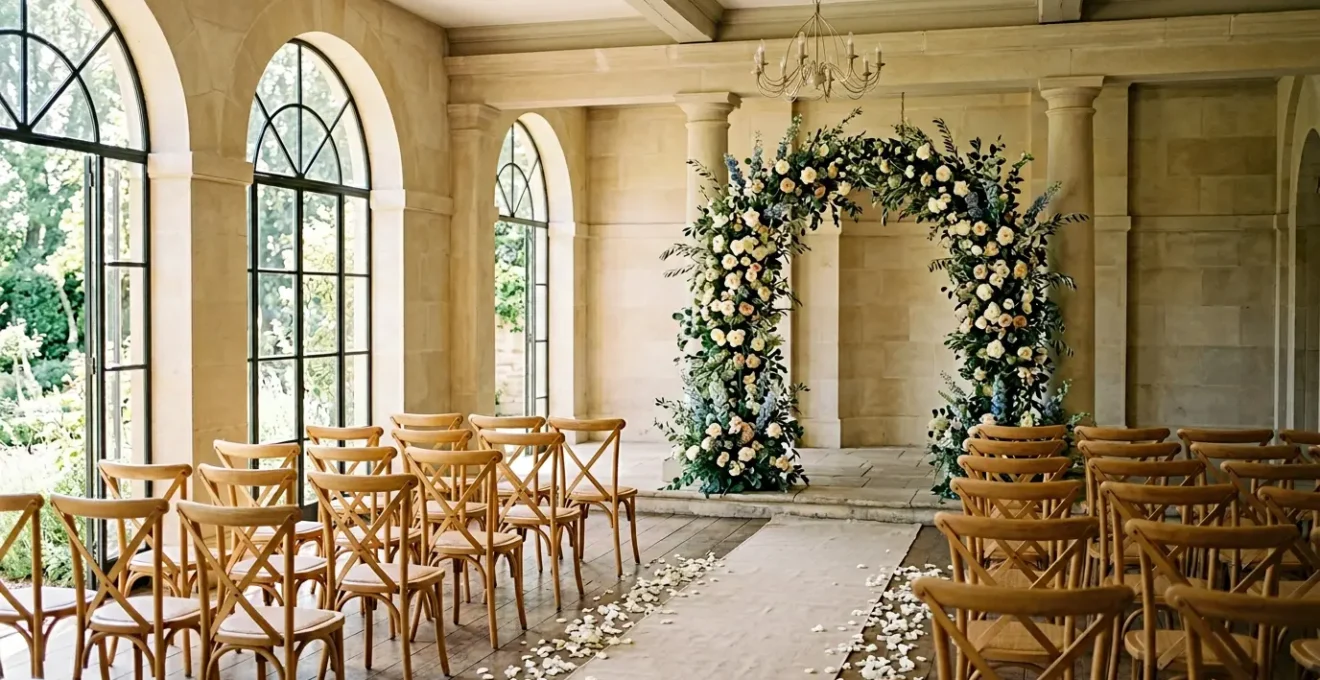 Elegant wedding ceremony space with a perfectly scaled floral arch framing a couple, showcasing how flowers tie together venue architecture and romantic ambiance