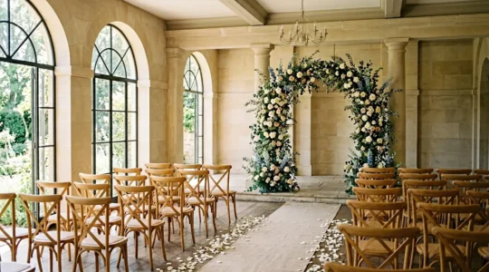 Elegant wedding ceremony space with a perfectly scaled floral arch framing a couple, showcasing how flowers tie together venue architecture and romantic ambiance