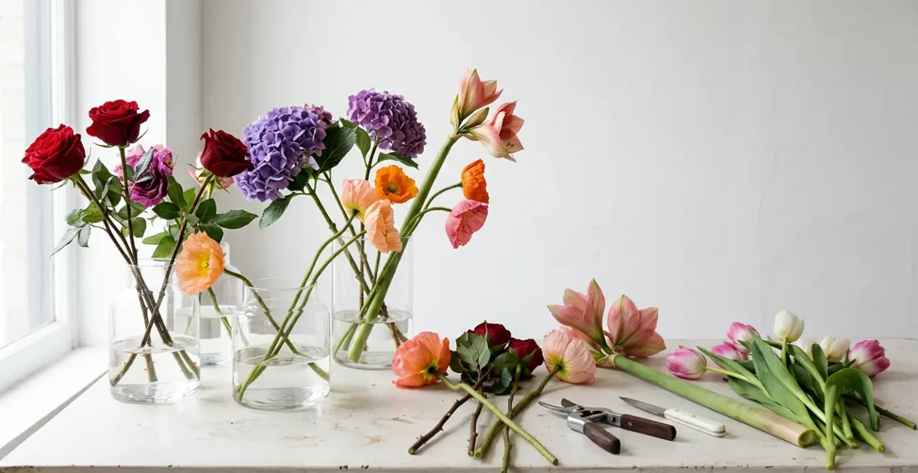 Professional editorial photograph of diverse cut flower stems being expertly cared for to maximize longevity