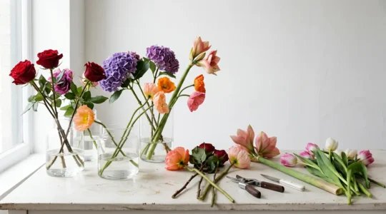 Professional editorial photograph of diverse cut flower stems being expertly cared for to maximize longevity