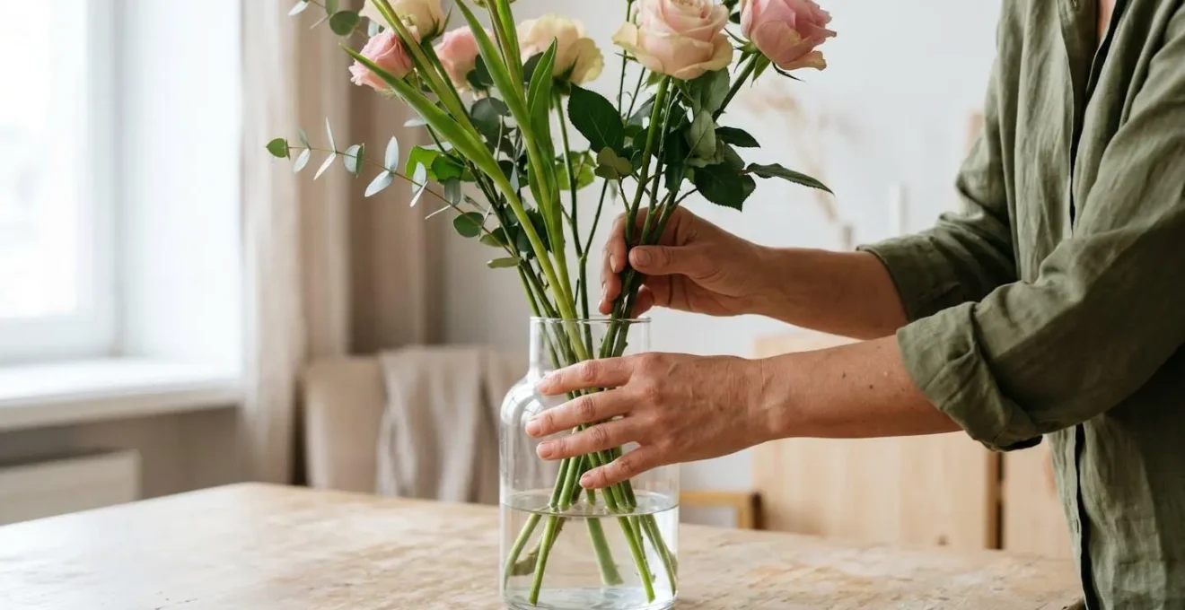 Hands gently caring for fresh cut flowers in a clean glass vase during daily maintenance routine