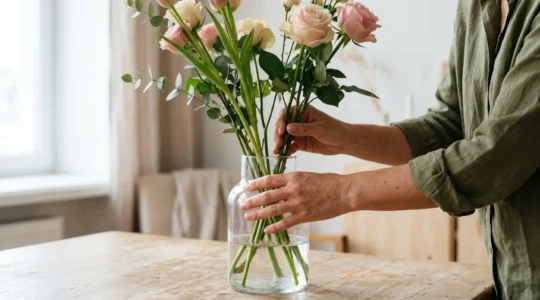 Hands gently caring for fresh cut flowers in a clean glass vase during daily maintenance routine