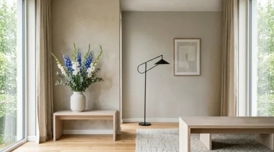 Modern living room interior showcasing dramatic tall floral arrangement transforming the space ambiance