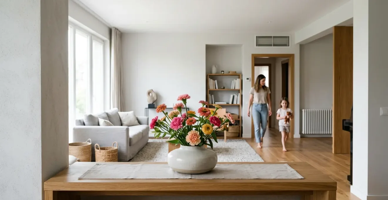 Fresh floral arrangement styled in a busy family living room with natural lighting and practical placement