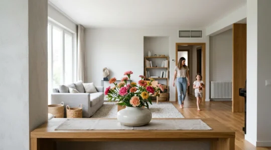 Fresh floral arrangement styled in a busy family living room with natural lighting and practical placement