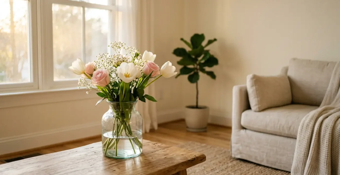 Fresh cut flowers in elegant vase creating warm atmosphere in modern living space
