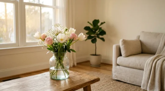 Fresh cut flowers in elegant vase creating warm atmosphere in modern living space