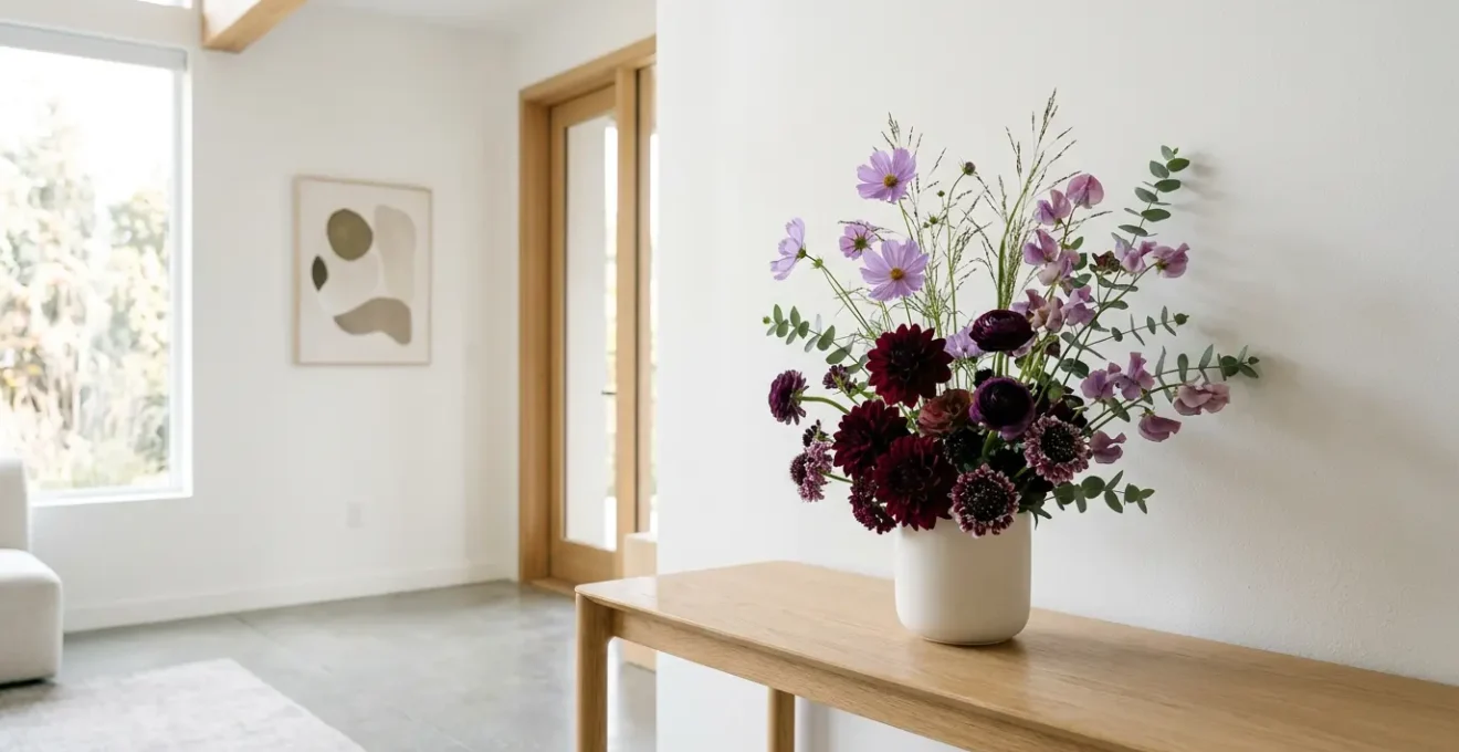 Elegant floral arrangement demonstrating golden ratio proportions in modern home setting