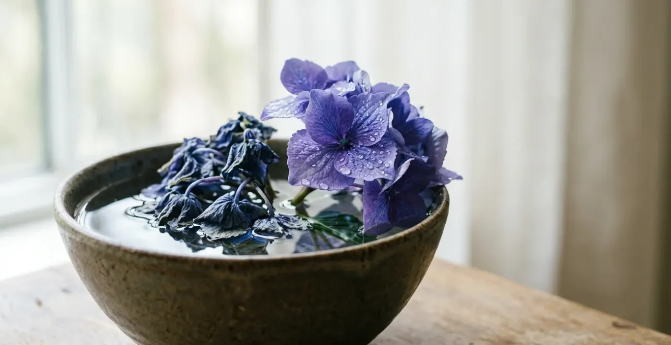 Close-up of wilted hydrangea bloom being rehydrated showing natural recovery process
