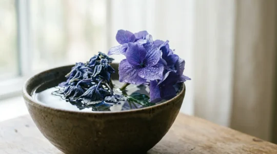 Close-up of wilted hydrangea bloom being rehydrated showing natural recovery process