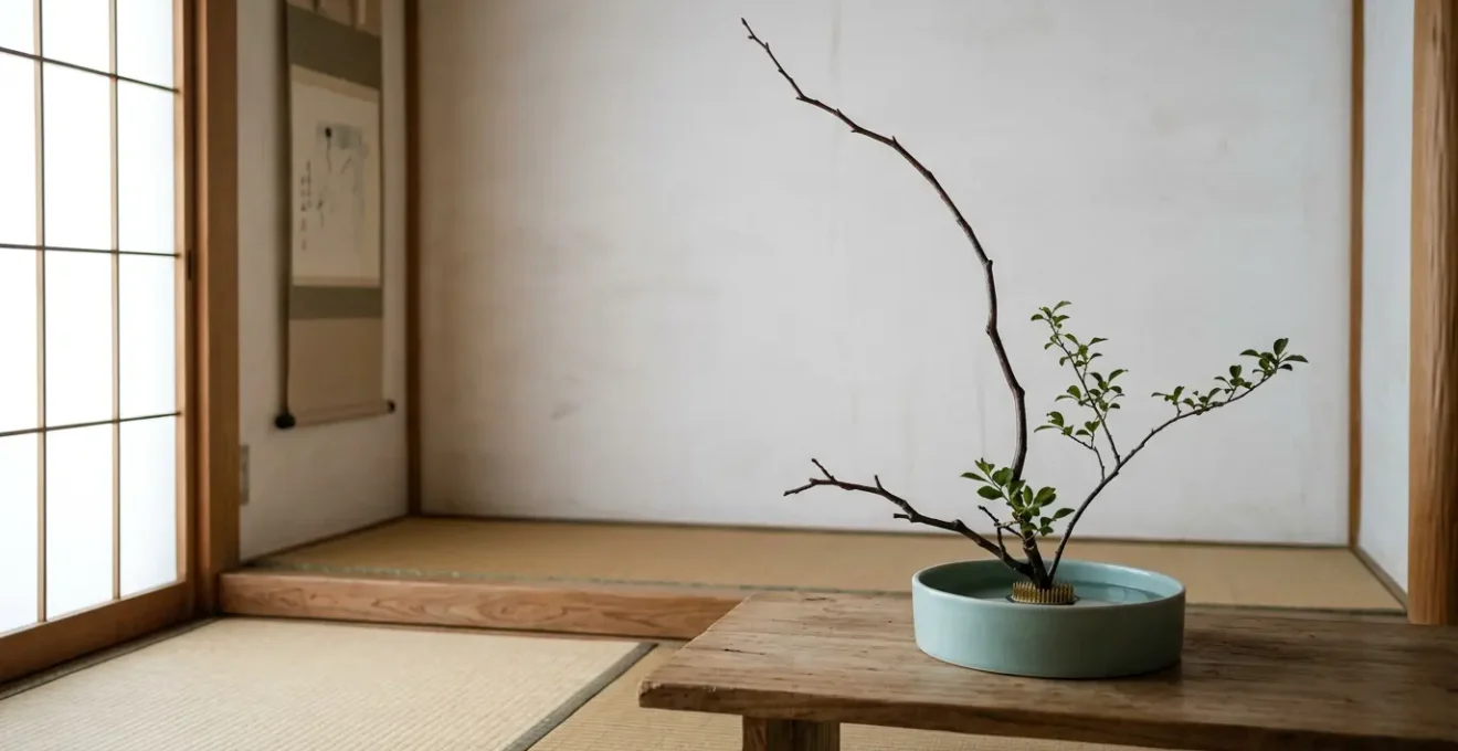 Serene ikebana arrangement with three stems in shallow ceramic bowl symbolizing meditative focus and mental clarity
