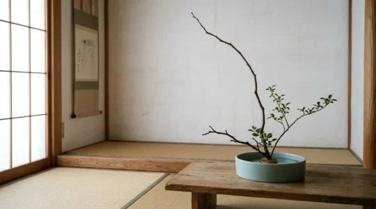 Serene ikebana arrangement with three stems in shallow ceramic bowl symbolizing meditative focus and mental clarity