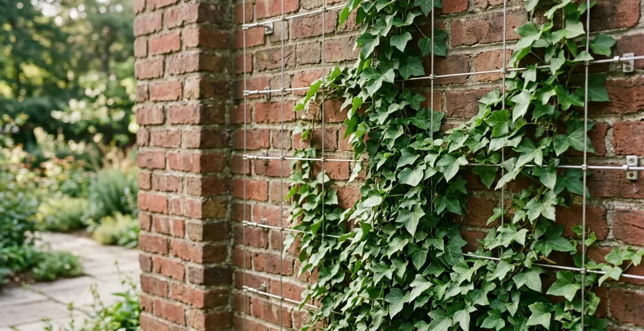 A brick wall covered with lush green ivy growing on a wall-mounted trellis system with visible air gap between plant and masonry