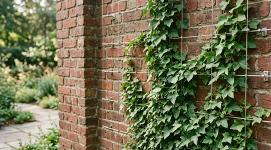 A brick wall covered with lush green ivy growing on a wall-mounted trellis system with visible air gap between plant and masonry
