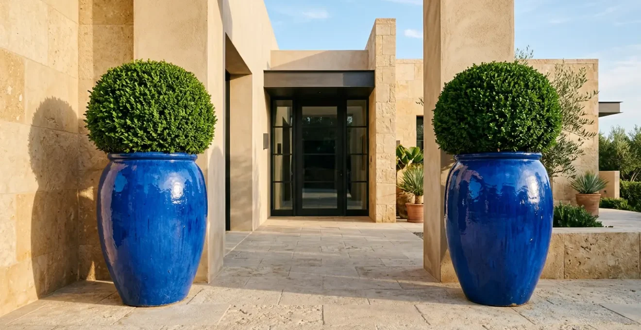 Monumental glazed ceramic planters flanking modern entrance creating architectural symmetry