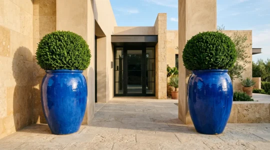 Monumental glazed ceramic planters flanking modern entrance creating architectural symmetry