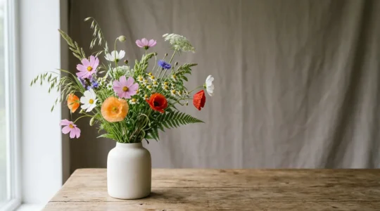 Professional loose wildflower bouquet with natural movement and airy negative space