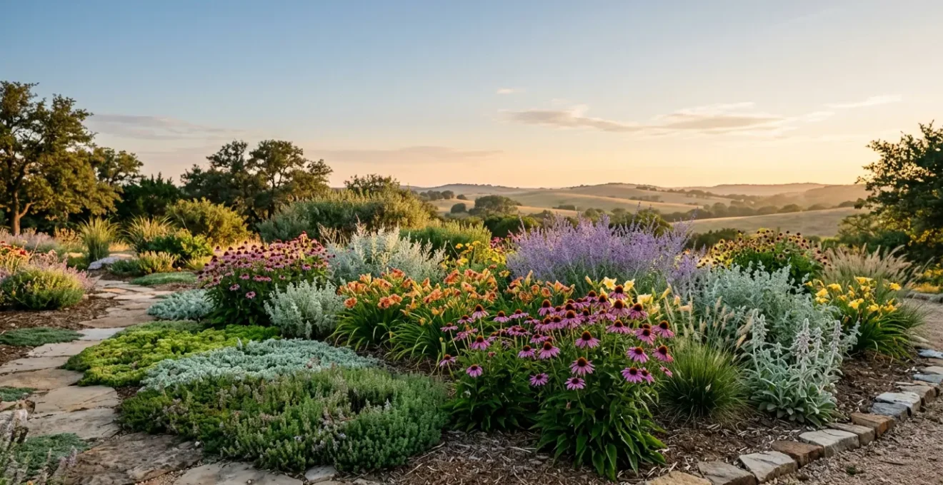 A lush perennial garden showcasing diverse flowering plants and groundcovers thriving with minimal care in natural sunlight
