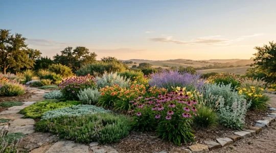 A lush perennial garden showcasing diverse flowering plants and groundcovers thriving with minimal care in natural sunlight