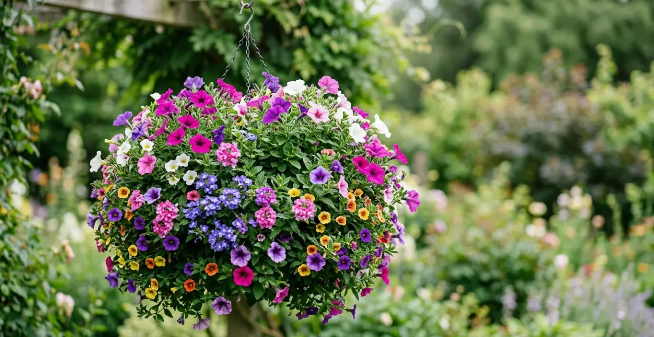 Spherical hanging basket overflowing with vibrant trailing flowers in full bloom suspended against clean background