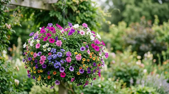 Spherical hanging basket overflowing with vibrant trailing flowers in full bloom suspended against clean background