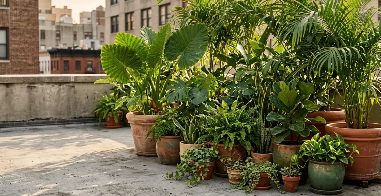 Lush container garden jungle thriving on urban concrete terrace with layered potted plants