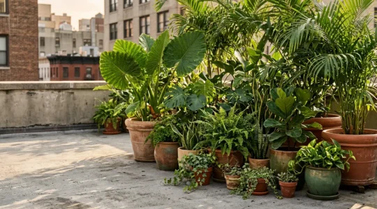 Lush container garden jungle thriving on urban concrete terrace with layered potted plants