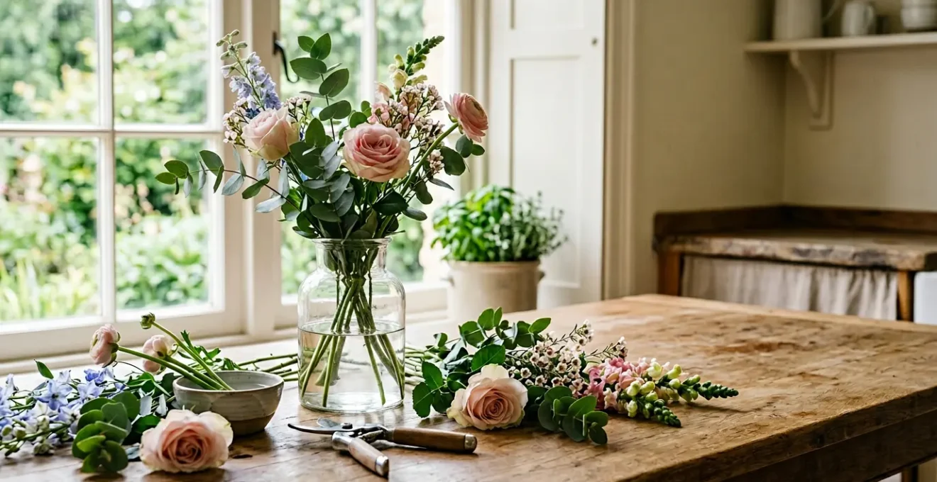 Natural floral arrangement workspace with fresh cut flowers, pruning shears, and vintage glass vase on rustic wooden table in soft window light