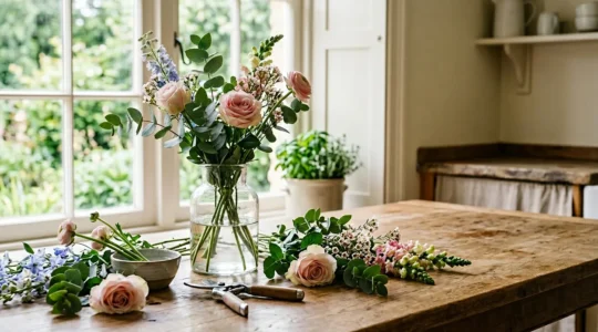 Natural floral arrangement workspace with fresh cut flowers, pruning shears, and vintage glass vase on rustic wooden table in soft window light