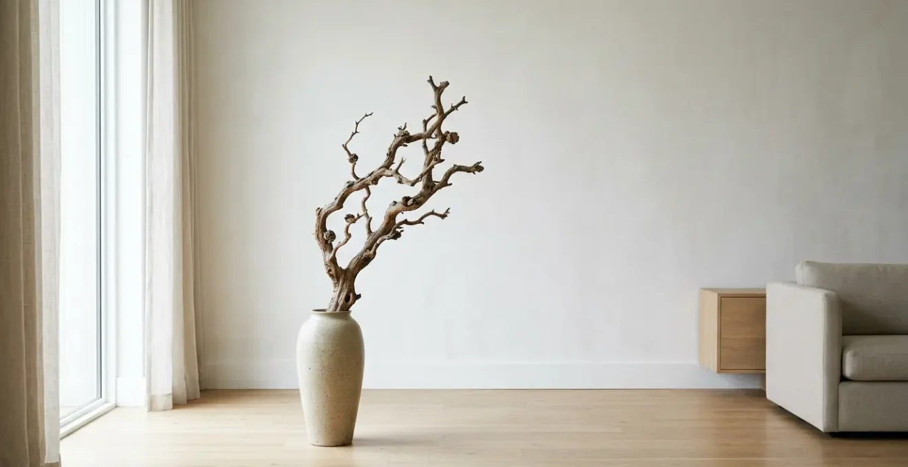 Minimalist living room with single botanical branch in ceramic vase emphasizing negative space and natural light