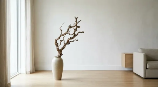 Minimalist living room with single botanical branch in ceramic vase emphasizing negative space and natural light