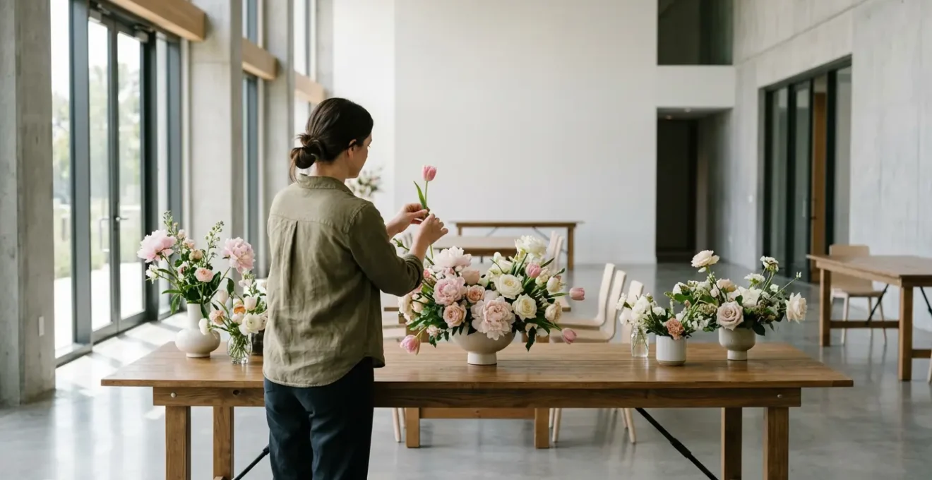 Elegant hands arranging symbolic flowers in a contemporary event setting showcasing the art of floral communication