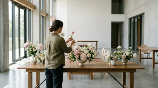 Elegant hands arranging symbolic flowers in a contemporary event setting showcasing the art of floral communication