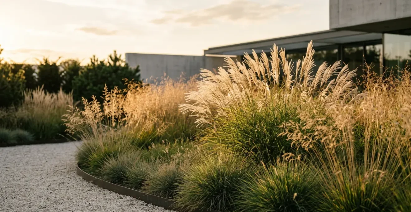 Contemporary garden with flowing ornamental grasses creating dynamic layers and natural movement against architectural backdrop